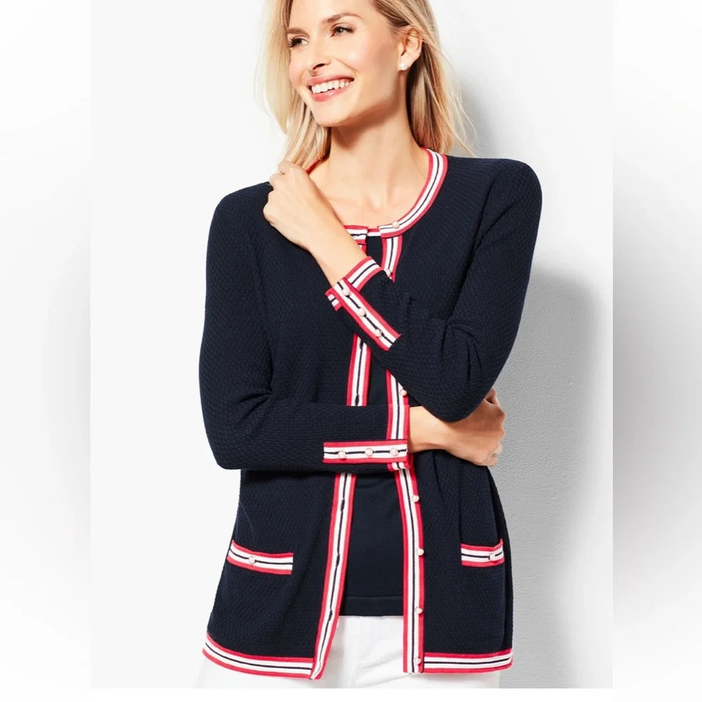 Talbots Navy Blue Cardigan Sweater Textured Preppy Knit career casual 1X 14 16 - Picture 3 of 16
